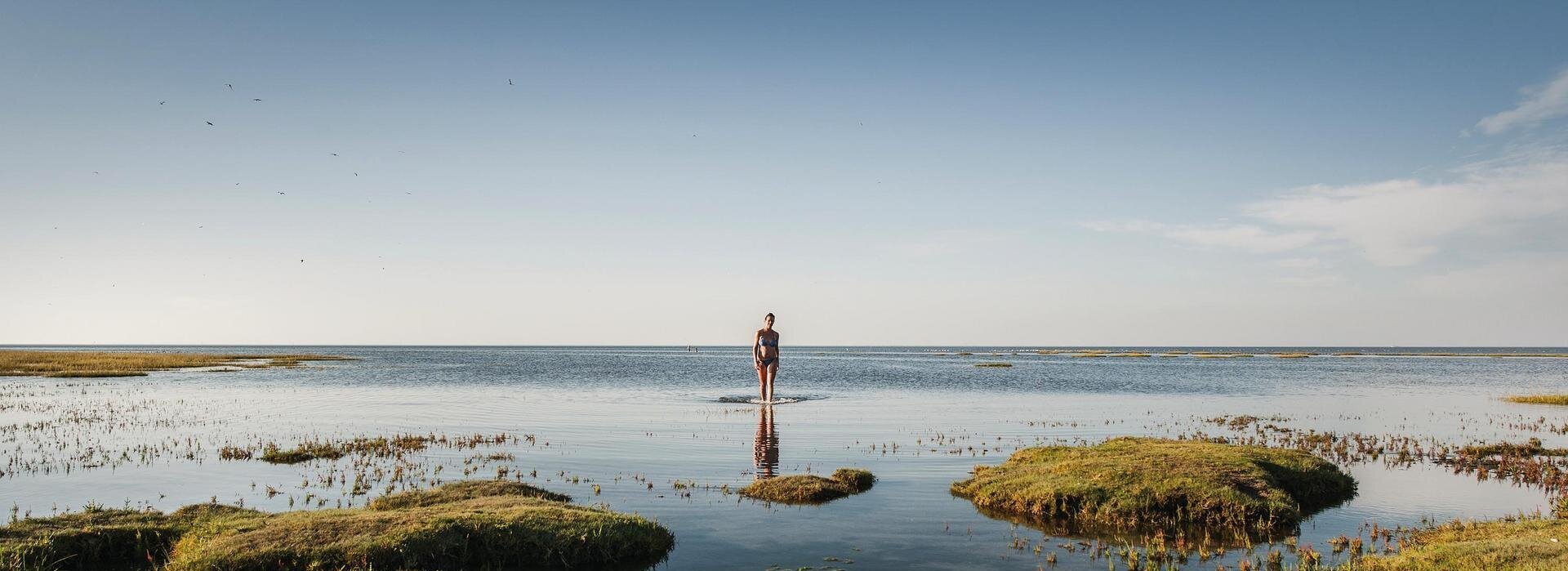 Spaziergang eines Mannes im Wasser der Badestelle Stufhusen auf Eiderstedt