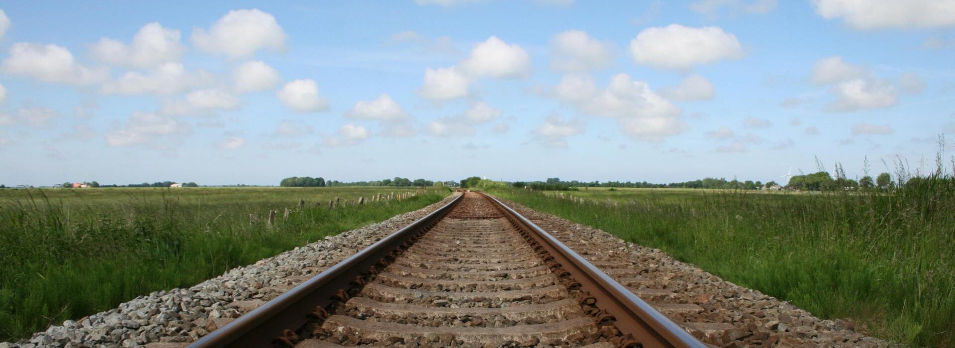 Bahnschienen zwischen grünen Wiesen