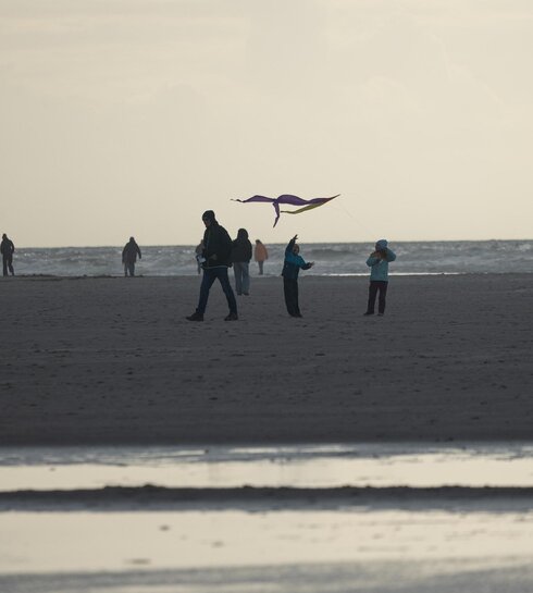 Familie am Strand mit Drachen