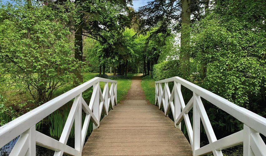 weiße Brücke vor der Allee im Hochdorfer Garten