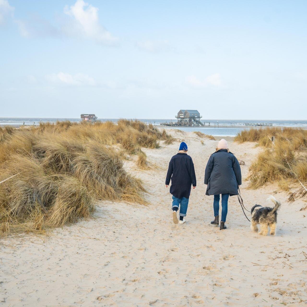 Zwei Frauen mit Hund am Strand