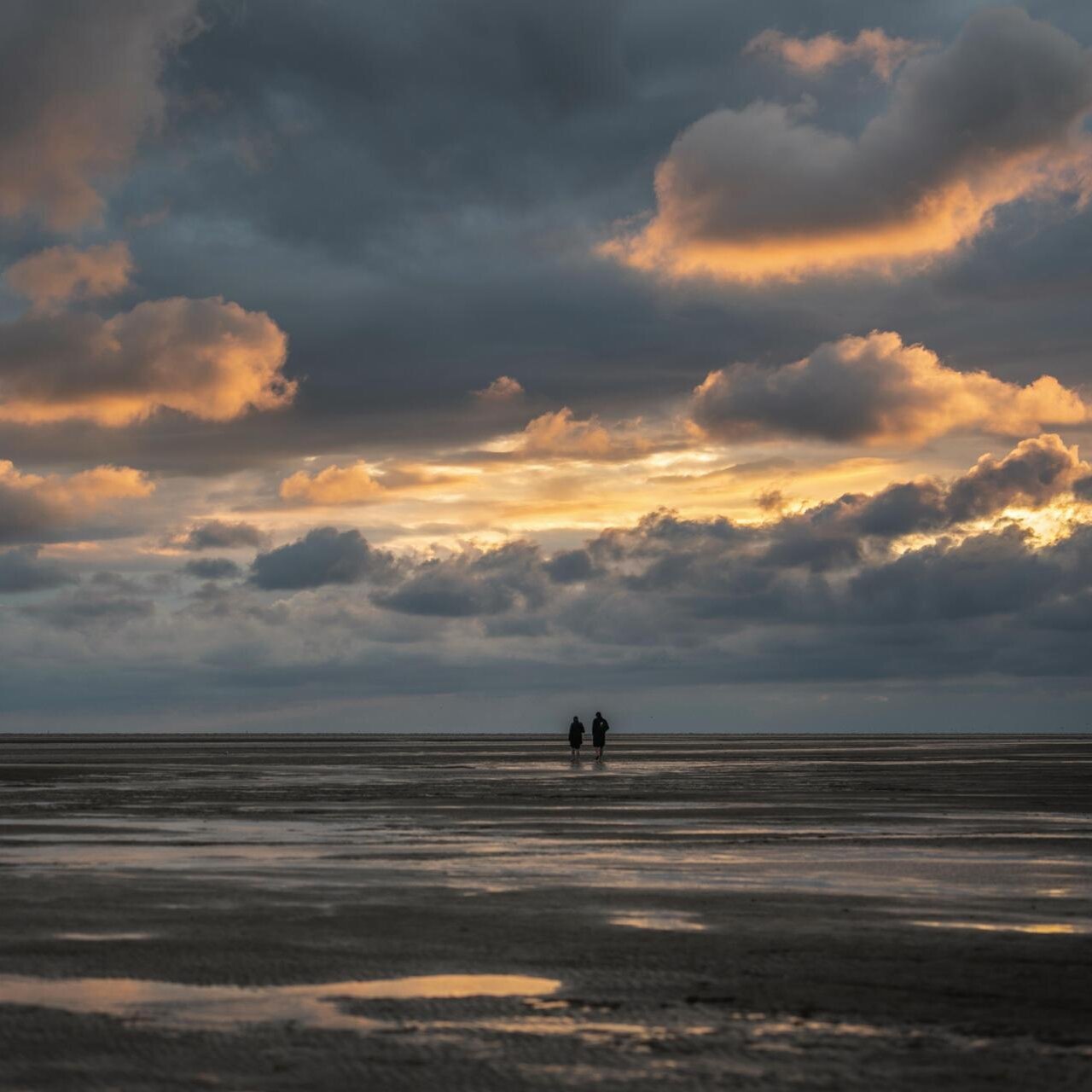 Spazeirgang eines Paares im Sonnenuntergang am Wattenmeer